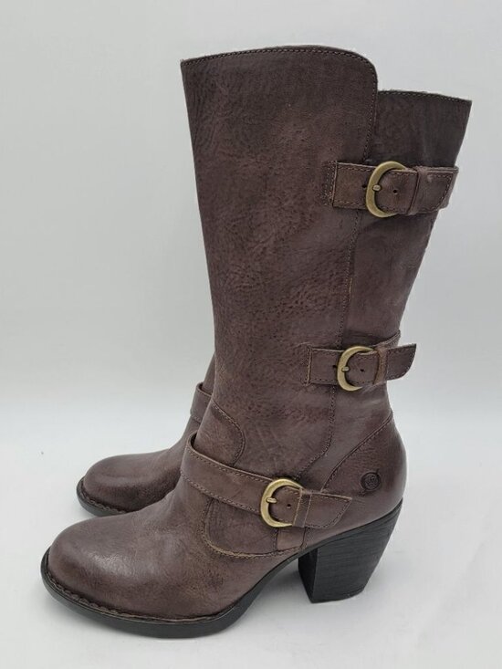 Born Shoes - Born Brown Leather Boots Block Heel size 6.5 Maleri Zip Up Buckle